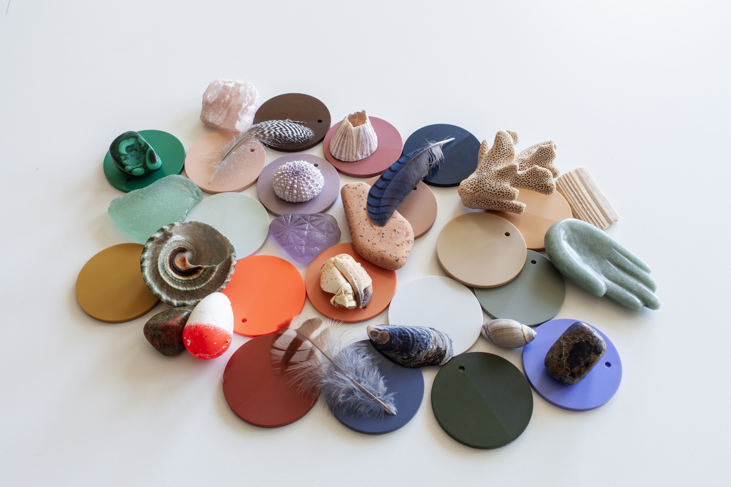 Color chips gathered with shells, feathers, stones and coral: a palette drawn from natural objects